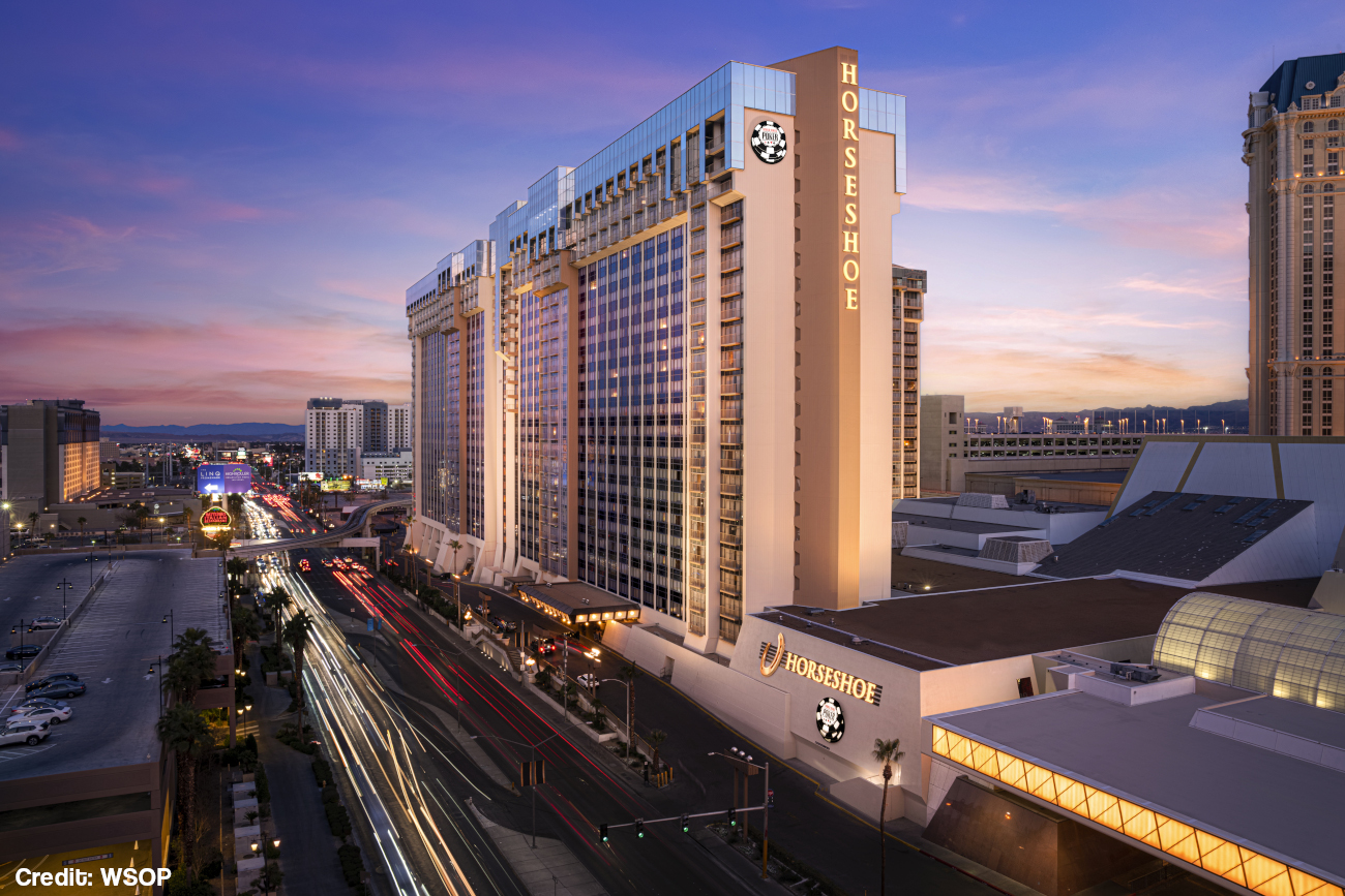 The revamped Horseshoe Las Vegas exterior displaying WSOP branding